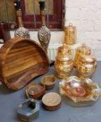 Five various Carnival glass storage jars;  an orange Carnival glass dish;  treen;  side lights;  etc