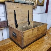 A metal bound farmhouse pine box, drop swing carrying handles, 67cm wide x 41cm deep x 28cm high