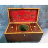 A large George III mahogany rectangular tea caddy, the interior with central mixing bowl aperture