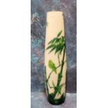 An Art Glass ovoid vase, etched with bamboo and bird, in green on a white ground, bears signature