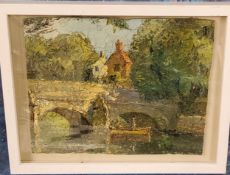 Ronald Ossory Dunlop (1894 - 1973), Rowing Boat Passing Under the Bridge, oil on board, 24cm x 30cm