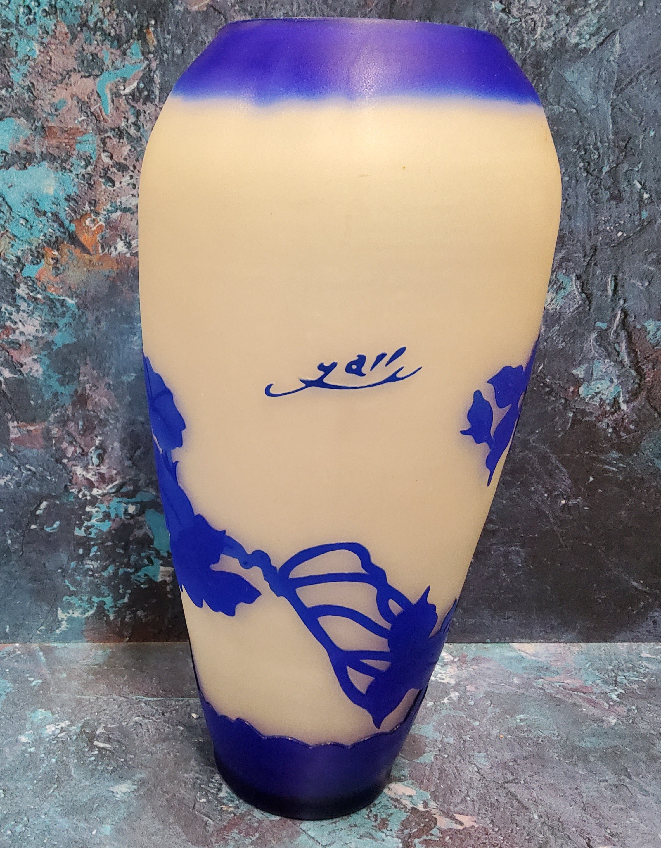 An Art Glass ovoid vase, etched with in blue with honeysuckle, on a white ground,  bears signature - Image 2 of 3