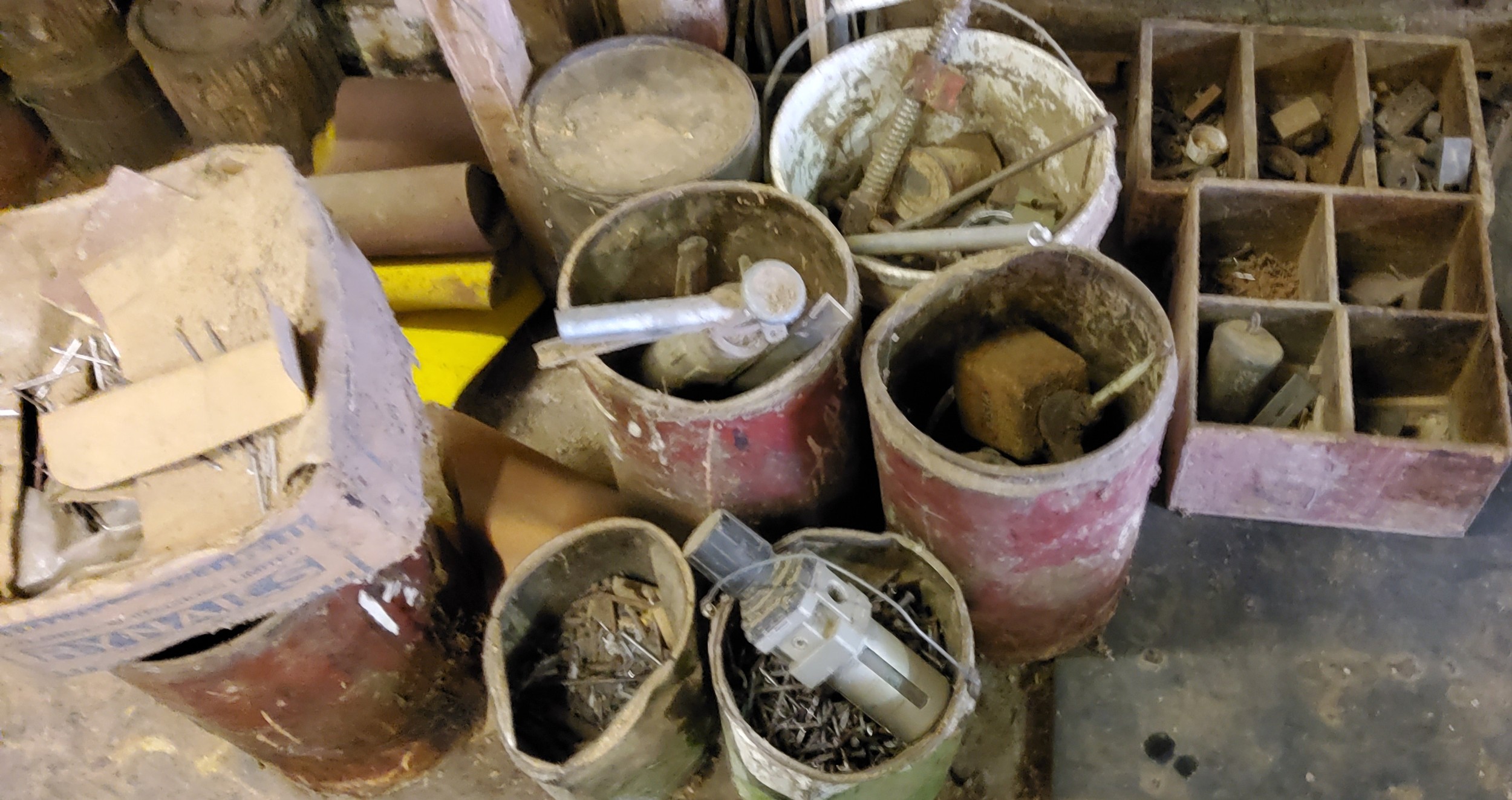 Screws and accessories;  old tins;  etc Please note this lot is located offsite and needs to be