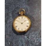 A Victorian 18ct gold open faced lady's keyless pocket watch, the case chased & engraved, vacant