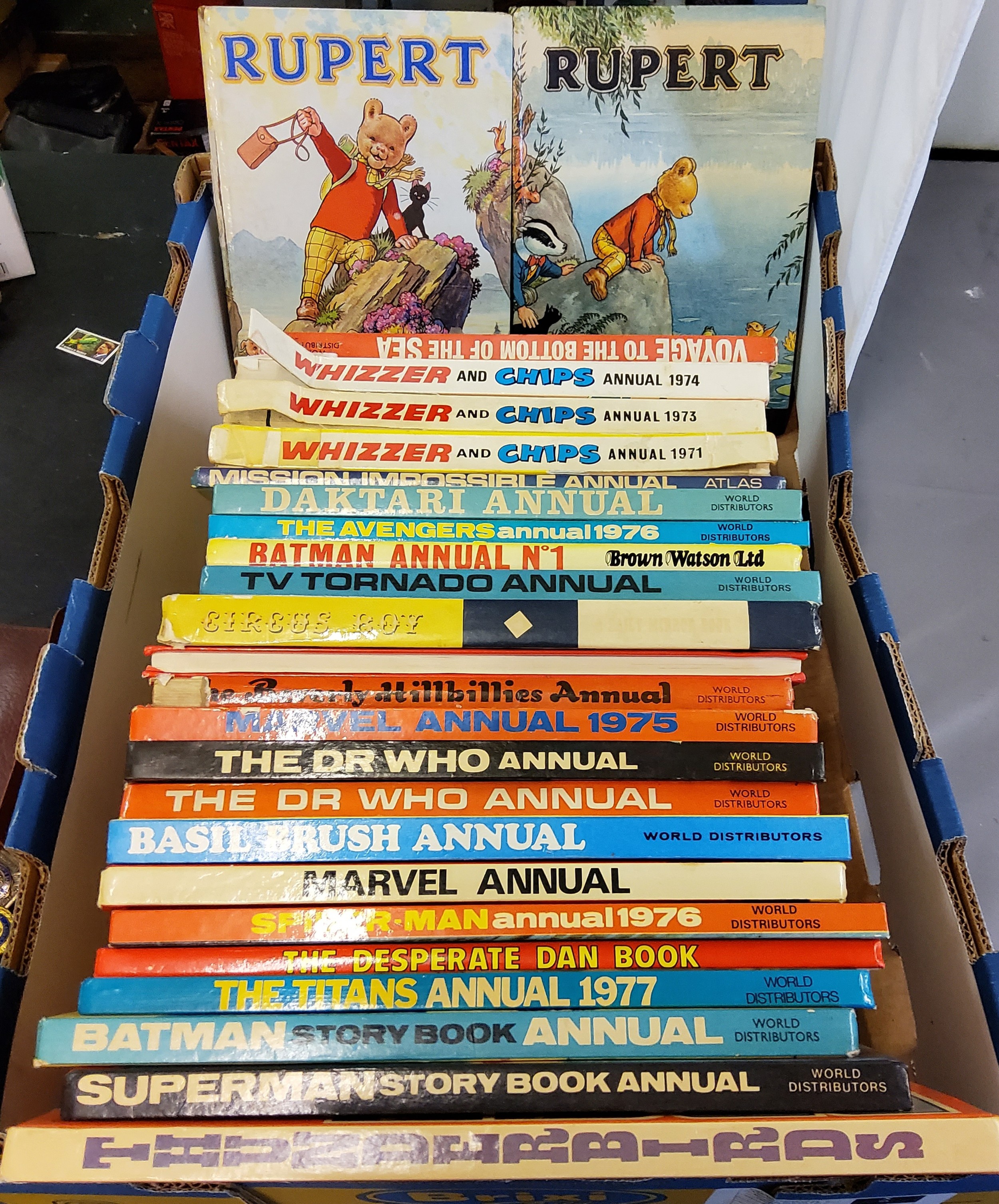 Annuals - Rupert Annual 1964;  another, 1969;  others, Thunderbirds;  Batman;  Superman;  Whizzer