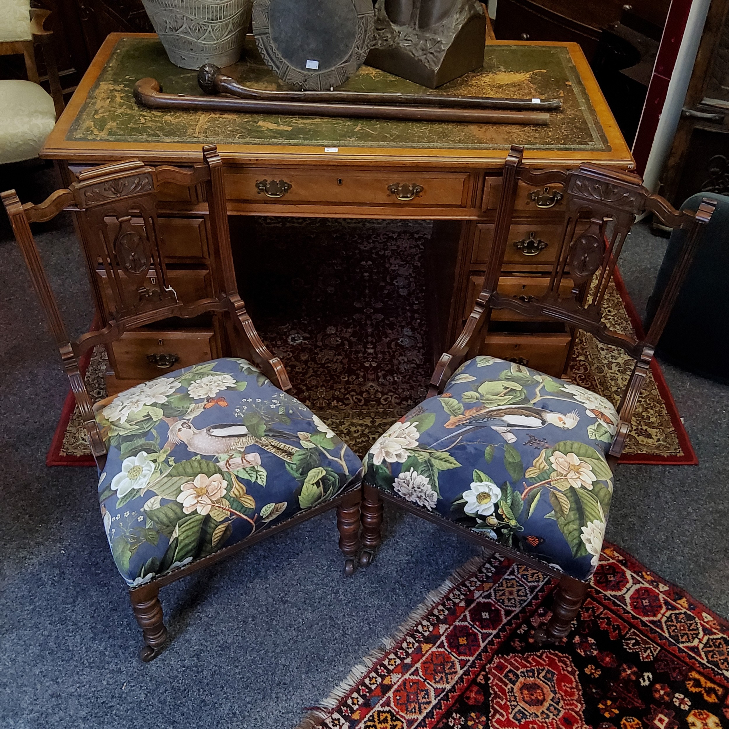 Interior Design - a good pair of Victorian walnut nursing chairs, recently upholstered in a parakeet - Image 4 of 4