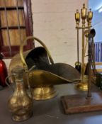 A brass coal bucket;  fire-side implements;  a Persian ewer;  etc