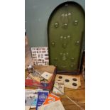 A Corinthian 1951 Abbey model bagatelle board;  a fencing foil;  drum sticks;  Brooke Bond tea