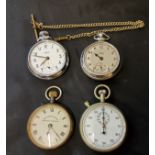 An E.P.N.S. open faced pocket watch;  others chrome plated, Smiths;  a stop watch (4)