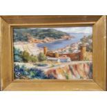 R Geli (20th century) Continental Coastal Fortified Town signed, oil on board, 29cm x 44cm