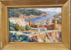 R Geli (20th century) Continental Coastal Fortified Town signed, oil on board, 29cm x 44cm