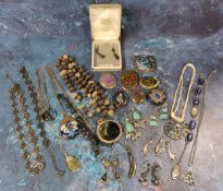 Costume Jewellery - various Ruskin types enamel and studio pottery pendants; semi precious gem stone