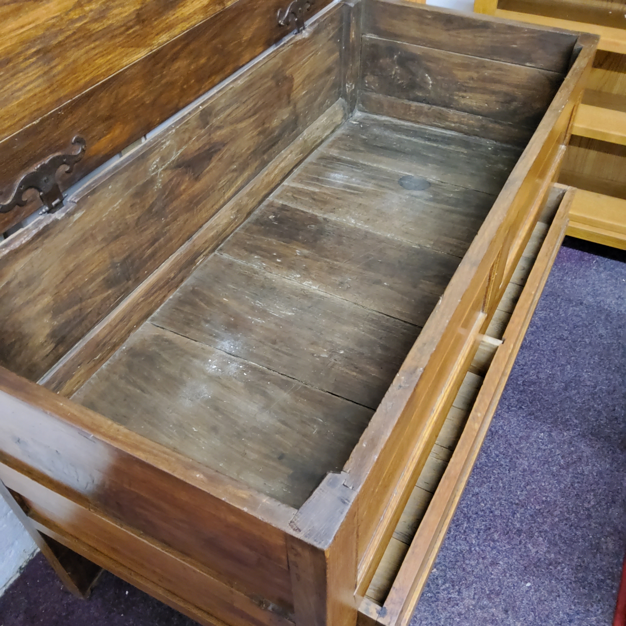 A 19th century light oak housekeeper's chest, the hinged top revealing panelled storage, fielded - Image 3 of 5