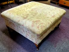 A footstool with Aubusson type upholstery of country house proportions, beech legs, 93cm square seat