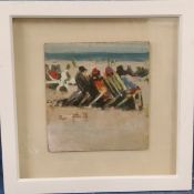 Ross Foster, 20th century, In Deck Chairs on the Beach, signed, oil on board, 20cm x 19cm