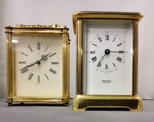 A Martin & Co brass carriage, clock, Roman numerals, 12 cm high;  another, Smiths, Eight Day (2)
