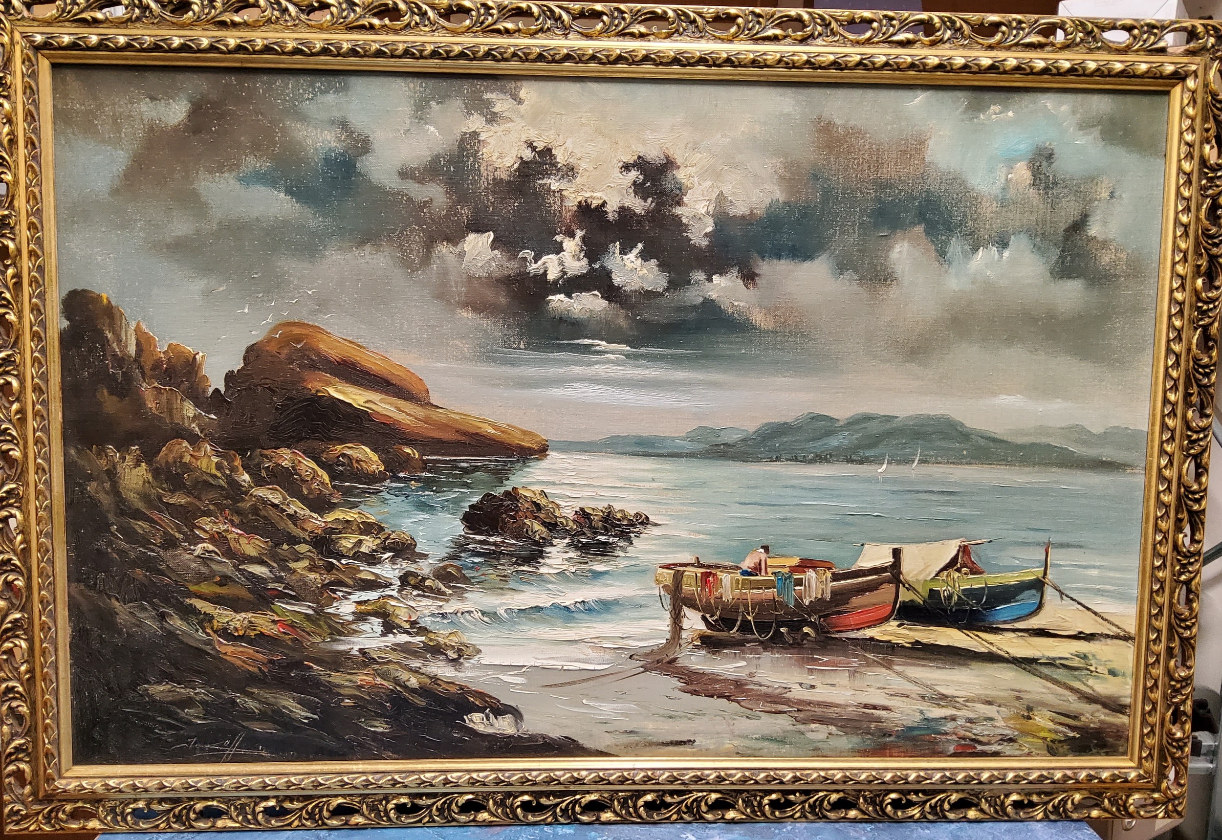 English School, 20th century, Moored Rowing Boats, oil on board, 56cm x 90cm, framed