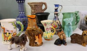 An Art Deco Myotts jug, 8387;  an Empire Ware dripped glaze candlestick;  Sylvac terrier;  a Crown