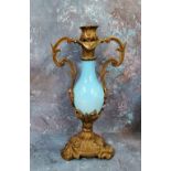 A 19th century French gilt metal and blue glass table centre candlestick, 30cm high, c.1870
