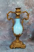 A 19th century French gilt metal and blue glass table centre candlestick, 30cm high, c.1870