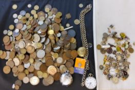 Coins - pennies, shillings, three pences;  Stockport Grammar medals;  pin badges;  watch parts;  etc