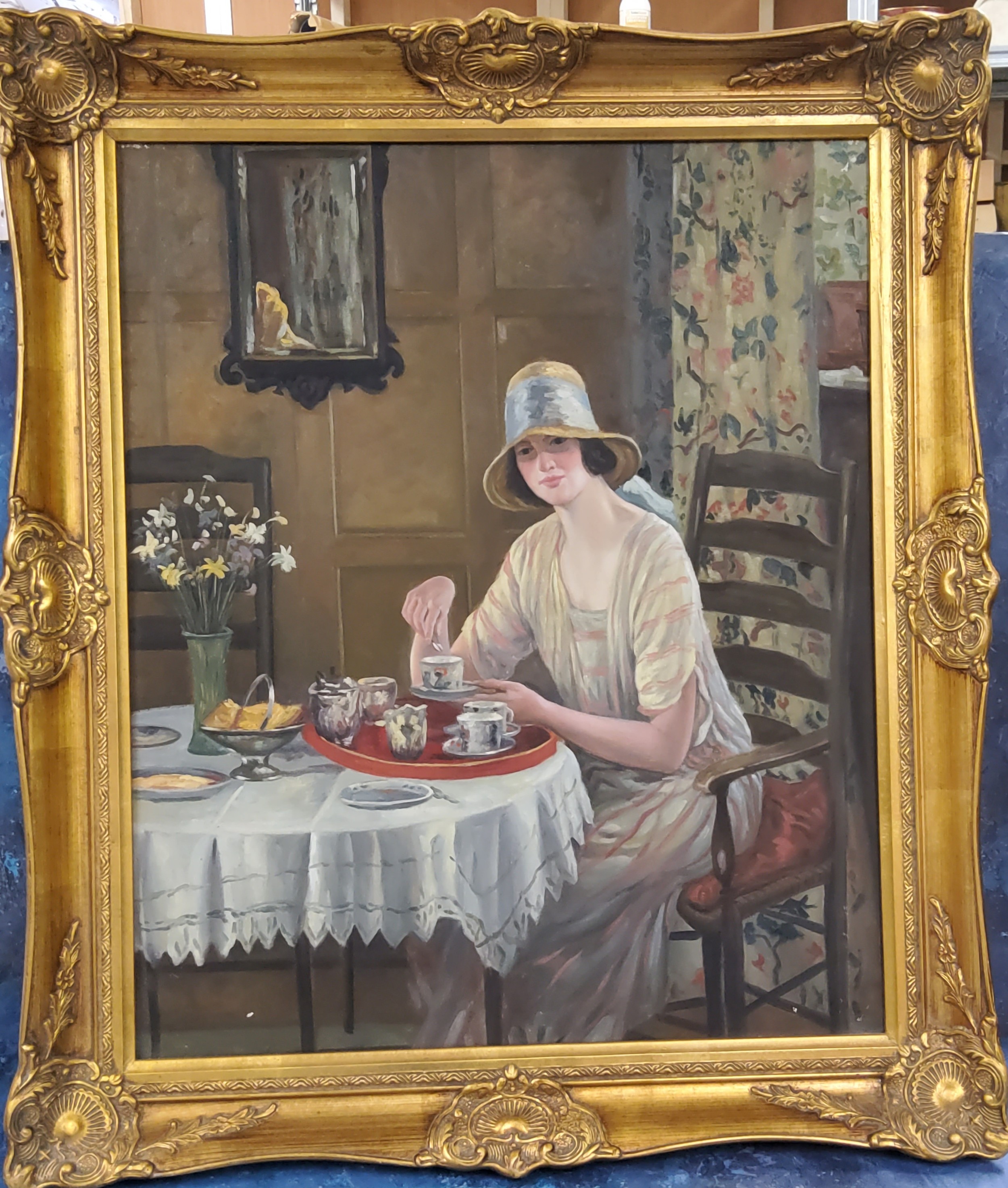 English School, 20th century, Afternoon Tea, oil on canvas, 60cm x 49cm