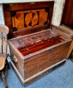 A late Victorian scumbled pine Cabinet Maker's tool box / chest, the hinged cover revealing