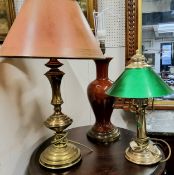 Lighting - three table lamps including a green shade library lamp, Sang De Bouf baluster gilt