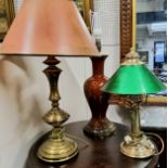 Lighting - three table lamps including a green shade library lamp, Sang De Bouf baluster gilt