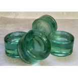 Four Victorian R.R Thomas (inventor) Kidsgrove green glass piano insulators