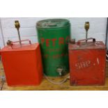 An SM and BF Ltd petrol can, painted red, now converted to a side light, 45cm high;  another;  a