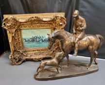 A bronzed model, of a huntsman and hounds. 30cm high;  a decorative  picture, of a Steeple Chase,