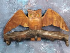 A Victorian novelty coat book, carved with an owl with wings outstretched, three hooks, 32cm wide