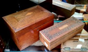 A 19th century tea caddy;  Greek key paquetry inlaid glove box, various cartouche (2)