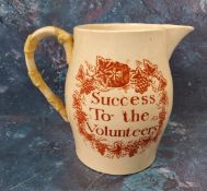 A 19th century creamware bowed cylindrical jug, Success To the Volunteers, the verso with  a