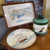 A Royal Doulton flag ships pattern Victory cabinet plate; a Royal Doulton biscuit barrel decorated