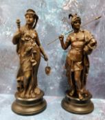 A pair of 19th century French spelter figures, of a Roman and companion, 36cm high, c.1880