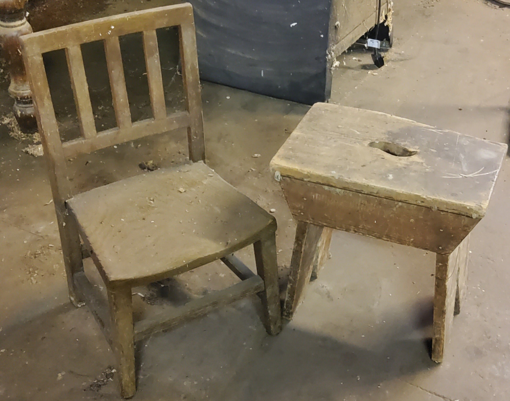 A Victorian child’s beech side chair;  a pine stool (2) Please note this lot is located offsite