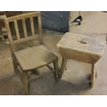 A Victorian child’s beech side chair;  a pine stool (2) Please note this lot is located offsite