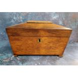 A Victorian rosewood sarcophagus tea caddy, bun feet, 14.5cm high, 23cm wide, c.1865