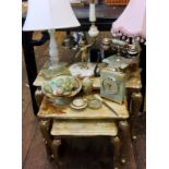 A nest of three onyx side tables;  other onyx - lamp, telephone, ash trays;  comporet, fruit,