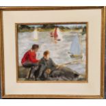 Impressionist School in the manner of Joseph Sachs, Boys Fishing, oil on board, 24cm x 29cm