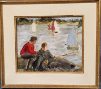 Impressionist School in the manner of Joseph Sachs, Boys Fishing, oil on board, 24cm x 29cm