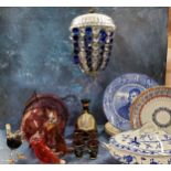 Ceramics & glass - a cranberry glass ceiling dome light fitting;  a moulded glass ceiling light;