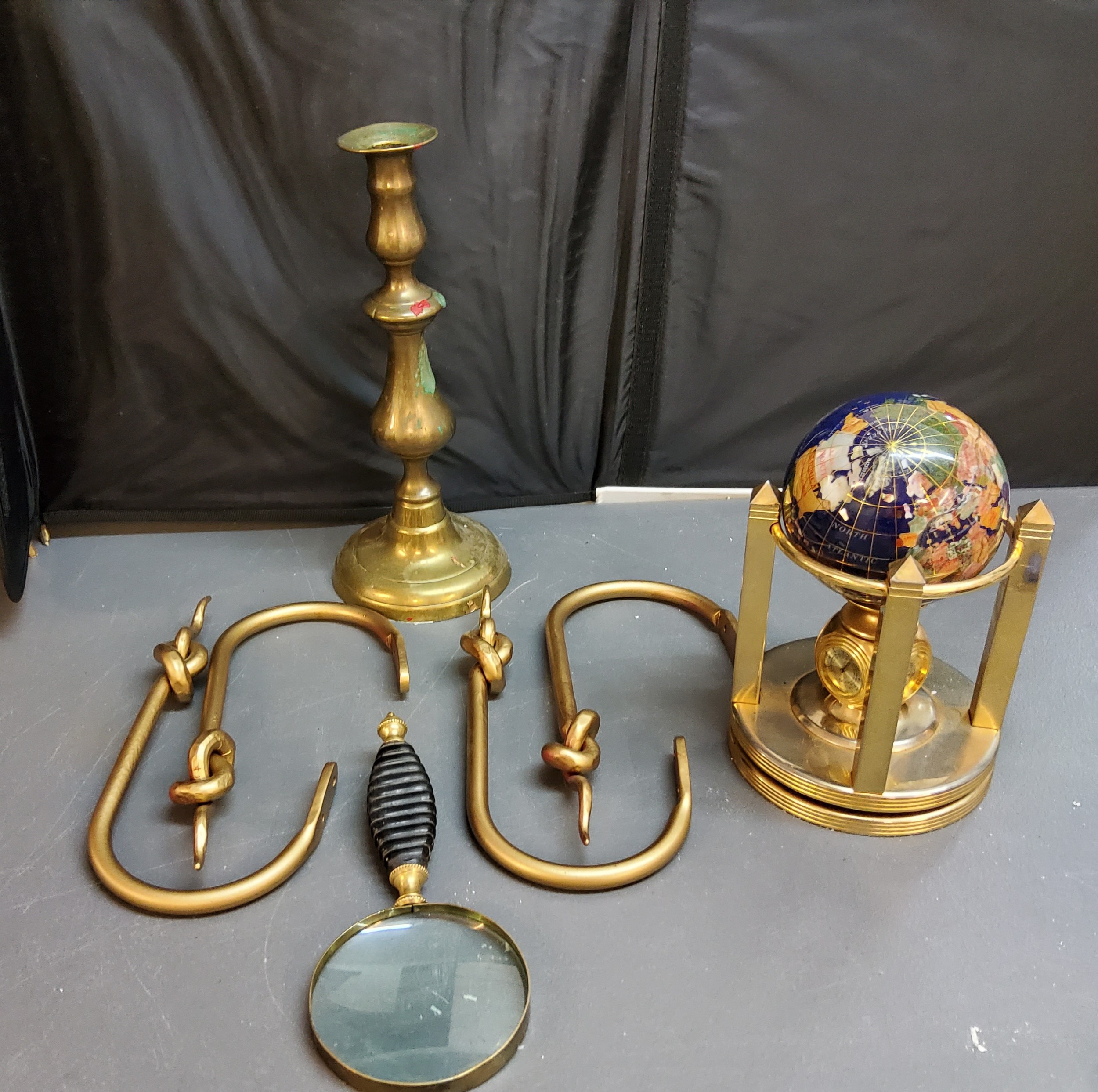 Four gilt metal curtain tie-backs;  a brass ejector candlestick;  a table top specimen globe;  a - Image 2 of 2