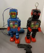 Yoshiya - KO - a battery-powered tinplate High Wheel Sparking Robot, remote control, blue, Made in