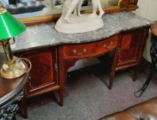 An Edwardian Sheraton Revival satinwood inlaid quarter veneered dressing table with marble