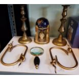 Four gilt metal curtain tie-backs;  a brass ejector candlestick;  a table top specimen globe;  a