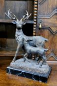 Libra Company, bronzed resin, Red Deer and Fawn, faux black marble rectangular base, 39cm high