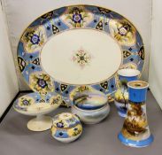 A Noritake oval dressing table tray, pedestal bowl, trinket dish and cover, banded border with